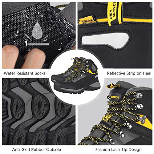 GRITION Botas de Montaña para Hombre, Zapatillas de Senderismo de Nieve Hombre Impermeable Transpirable Antideslizante Zapatos de Deporte Exterior Calzado de Alta Caña Amarillo Negro 41 EU