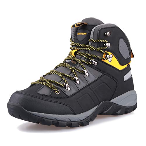 GRITION Botas de Montaña para Hombre, Zapatillas de Senderismo de Nieve Hombre Impermeable Transpirable Antideslizante Zapatos de Deporte Exterior Calzado de Alta Caña Amarillo Negro 41 EU