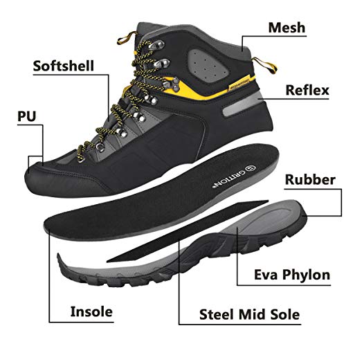 GRITION Botas de Montaña para Hombre, Zapatillas de Senderismo de Nieve Hombre Impermeable Transpirable Antideslizante Zapatos de Deporte Exterior Calzado de Alta Caña Amarillo Negro 41 EU