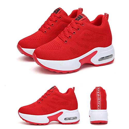 GURGER Cuña Zapatillas Mujer Wedge Zapatillas de Deporte Plataforma Sneakers Cuña Tacón Oculto 8CM Rojo 39 EU