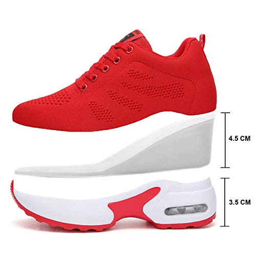 GURGER Cuña Zapatillas Mujer Wedge Zapatillas de Deporte Plataforma Sneakers Cuña Tacón Oculto 8CM Rojo 39 EU