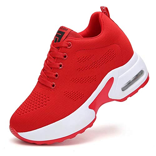 GURGER Cuña Zapatillas Mujer Wedge Zapatillas de Deporte Plataforma Sneakers Cuña Tacón Oculto 8CM Rojo 39 EU