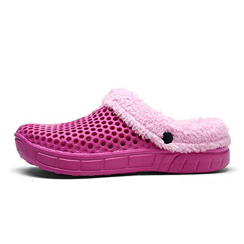 HangFan Zuecos de las mujeres de los hombres Zuecos en los zapatos de jardín Zuecos de piel en los tobillos Chanclas Cálido zapatilla de invierno RoseRed Fur-37