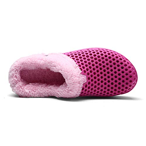 HangFan Zuecos de las mujeres de los hombres Zuecos en los zapatos de jardín Zuecos de piel en los tobillos Chanclas Cálido zapatilla de invierno RoseRed Fur-37