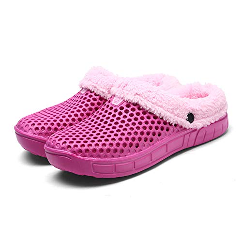 HangFan Zuecos de las mujeres de los hombres Zuecos en los zapatos de jardín Zuecos de piel en los tobillos Chanclas Cálido zapatilla de invierno RoseRed Fur-37