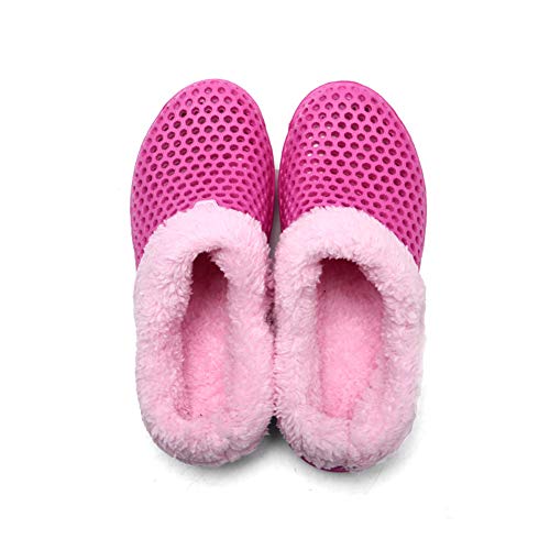 HangFan Zuecos de las mujeres de los hombres Zuecos en los zapatos de jardín Zuecos de piel en los tobillos Chanclas Cálido zapatilla de invierno RoseRed Fur-37