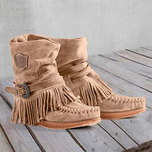 Hanyixue Botines de mocasines para mujer, Botas de flecos para mujer Botas de punta redonda Botas de color liso Zapatos planos Botas medianas con hebilla retro con borla de Roma