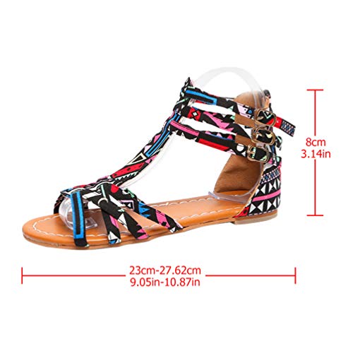 Happyyami 1 par de Sandalias Planas Bohemias Sandalias de Verano Estilo Étnico Sandalias de PU Zapatos de Mujer para El Hogar Playa Exterior Tamaño Negro 39