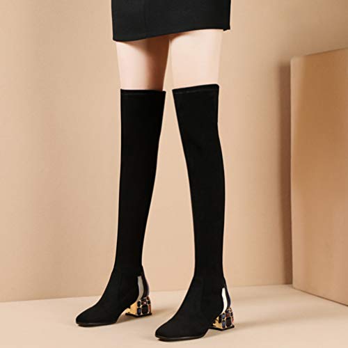 Happyyami Botas Altas hasta El Muslo Mujer Tacones Medios 5. 5Cm Botas Largas de Gamuza Zapatos de Invierno con Cremallera Tacones Gruesos Cálido Sexy (Negro