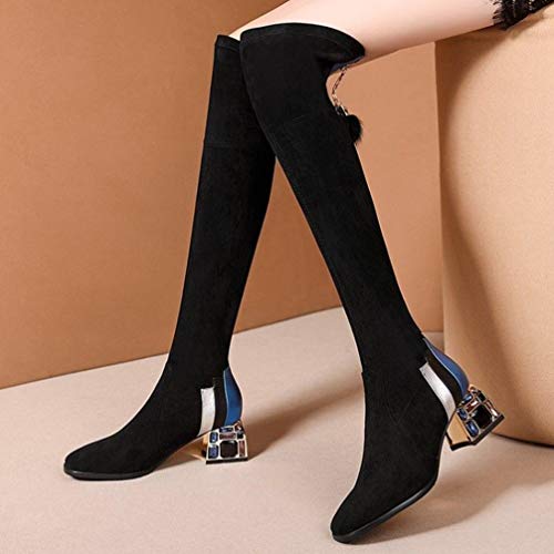 Happyyami Botas Altas hasta El Muslo Mujer Tacones Medios 5. 5Cm Botas Largas de Gamuza Zapatos de Invierno con Cremallera Tacones Gruesos Cálido Sexy (Negro