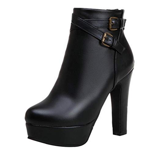 Happyyami Botas de Tobillo de Moda Mujer Plataforma Tobillo Corto Invierno Bloque Alto 12Cm Tacón Cuadrado Bota con Cremallera Zapatos Eclair Invierno Cálido Botín Sexy Tacones Gruesos