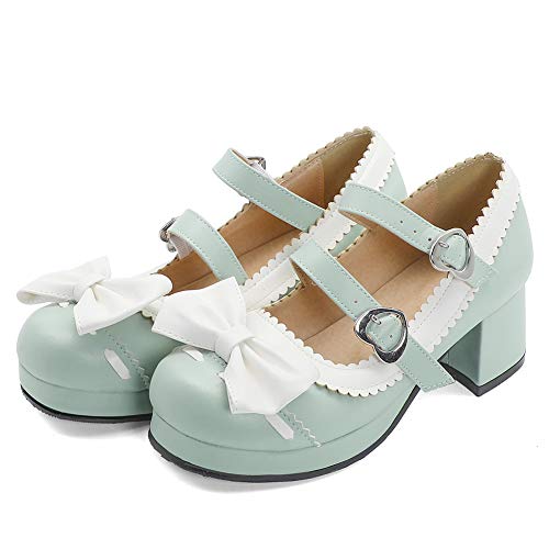 HarryHyar Mujer Dulce Mary Jane Zapatos Correa de Tobillo Bow Cosplay Pumps Tacón Ancho Lolita Shoes Plataforma Lace Blue Size 39 Asian