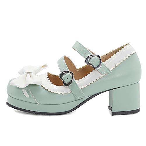 HarryHyar Mujer Dulce Mary Jane Zapatos Correa de Tobillo Bow Cosplay Pumps Tacón Ancho Lolita Shoes Plataforma Lace Blue Size 39 Asian