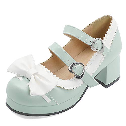 HarryHyar Mujer Dulce Mary Jane Zapatos Correa de Tobillo Bow Cosplay Pumps Tacón Ancho Lolita Shoes Plataforma Lace Blue Size 39 Asian