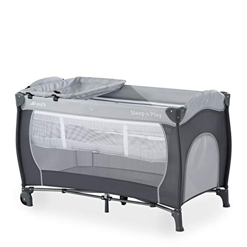 Hauck Cuna de Viaje Sleep N Play Center, de Nacimiento hasta 15 kg, 120 x 60 cm, Doble Altura, Cambiador, Ruedas, Entrada Lateral, Plegable, Bolsa de Transporte, Gris