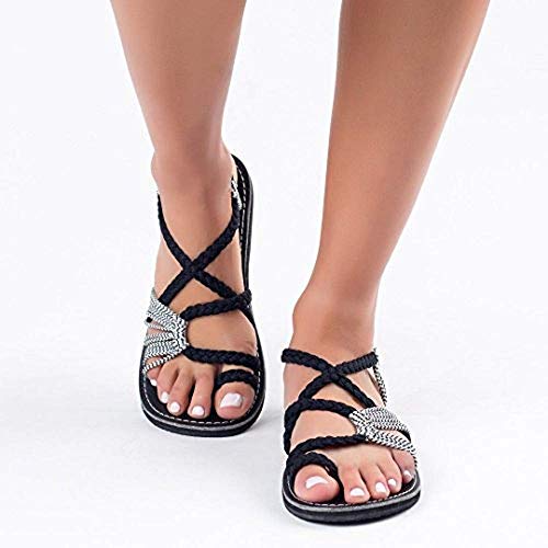 HeLenRed Sandalias planas de mujer para caminar con puntera antideslizante trenzado zapatos de cuerda para verano playa, negro (Azul Royal), 40.5 EU