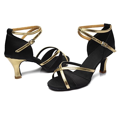 HIPPOSEUS Mujer Zapatillas Latin Dance, Punta Abierta, Estrecha,ES805-7,Negro Color,EU 37