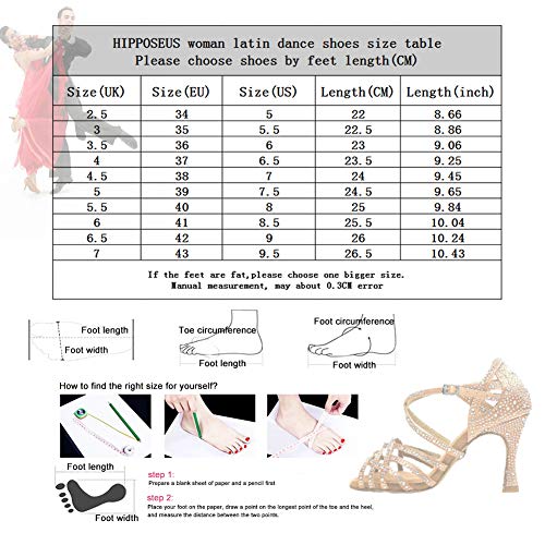 HIPPOSEUS Mujeres Salón de Baile Latino Zapatos Rhinestones Suela de Ante,ESQ-CYL357,Bronce Color,EU 38