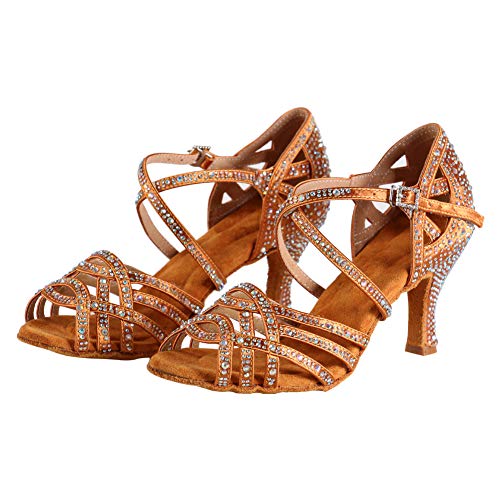 HIPPOSEUS Mujeres Salón de Baile Latino Zapatos Rhinestones Suela de Ante,ESQ-CYL357,Bronce Color,EU 38