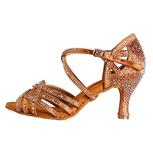 HIPPOSEUS Mujeres Salón de Baile Latino Zapatos Rhinestones Suela de Ante,ESQ-CYL357,Bronce Color,EU 38