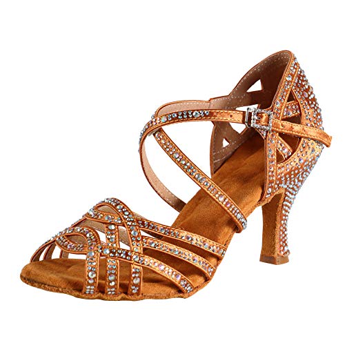 HIPPOSEUS Mujeres Salón de Baile Latino Zapatos Rhinestones Suela de Ante,ESQ-CYL357,Bronce Color,EU 38