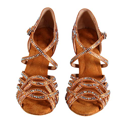 HIPPOSEUS Mujeres Salón de Baile Latino Zapatos Rhinestones Suela de Ante,ESQ-CYL357,Bronce Color,EU 38