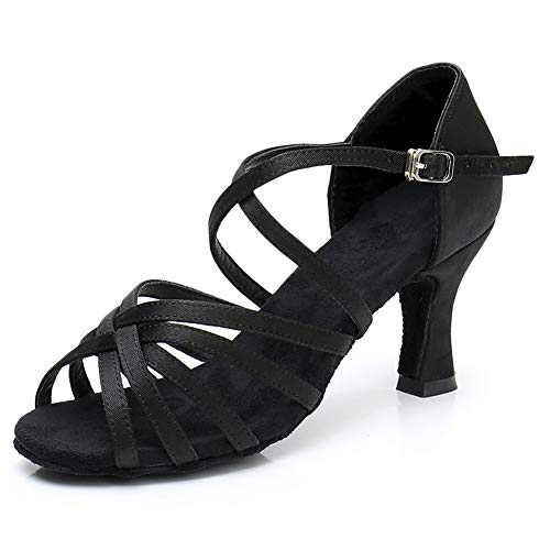 HIPPOSEUS Mujeres Zapatos de Baile Latino Práctica de satén Salón de Baile Zapatos de Baile de Rendimiento con Correas Cruzadas Punta Abierta,FWZJ-CL-BDJ-7,Negro Color,EU 37.5