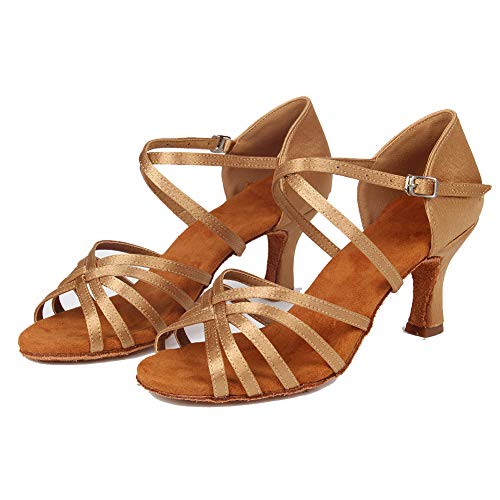 HIPPOSEUS Mujeres Zapatos de Baile Latino Práctica de satén Salón de Baile Zapatos de Baile de Rendimiento con Correas Cruzadas Punta Abierta,FWZJ-CL-BDJ-7,Marrón Claro Color,EU 38.5