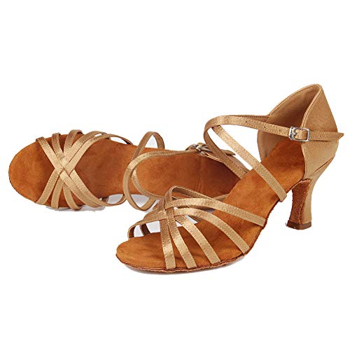 HIPPOSEUS Mujeres Zapatos de Baile Latino Práctica de satén Salón de Baile Zapatos de Baile de Rendimiento con Correas Cruzadas Punta Abierta,FWZJ-CL-BDJ-7,Marrón Claro Color,EU 38.5
