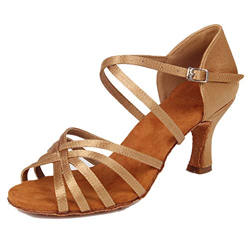 HIPPOSEUS Mujeres Zapatos de Baile Latino Práctica de satén Salón de Baile Zapatos de Baile de Rendimiento con Correas Cruzadas Punta Abierta,FWZJ-CL-BDJ-7,Marrón Claro Color,EU 38.5