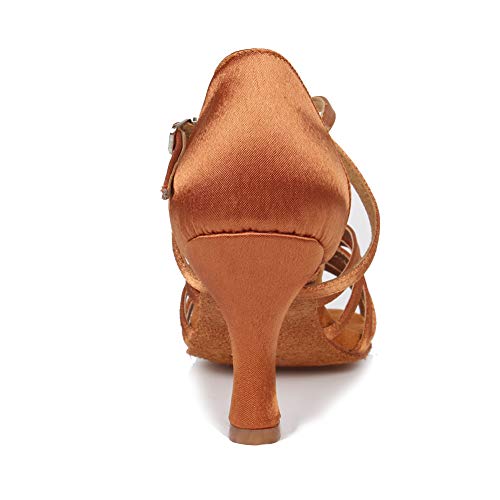 HIPPOSEUS Mujeres Zapatos de Baile Latino Práctica de satén Salón de Baile Zapatos de Baile de Rendimiento con Correas Cruzadas Punta Abierta,FWZJ-CL-BDJ-7,Marrón Color,EU 37.5
