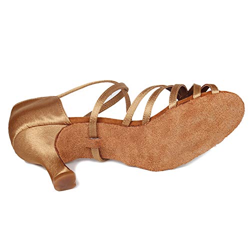 HIPPOSEUS Mujeres Zapatos de Baile Latino Práctica de satén Salón de Baile Zapatos de Baile de Rendimiento con Correas Cruzadas Punta Abierta,FWZJ-CL-BDJ-7,Marrón Claro Color,EU 37.5