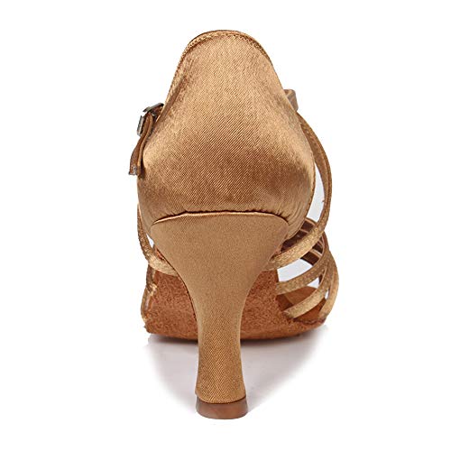 HIPPOSEUS Mujeres Zapatos de Baile Latino Práctica de satén Salón de Baile Zapatos de Baile de Rendimiento con Correas Cruzadas Punta Abierta,FWZJ-CL-BDJ-7,Marrón Claro Color,EU 37.5