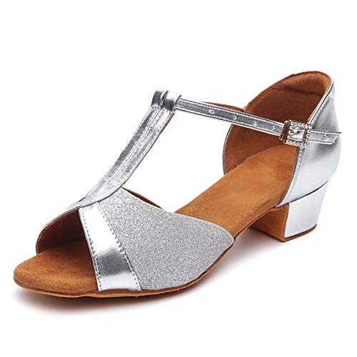 HIPPOSEUS niña Zapatos de Baile Latino, Dedos Abiertos, tacón Bloque 3.5 CM,ES305,Plateado,EU 35