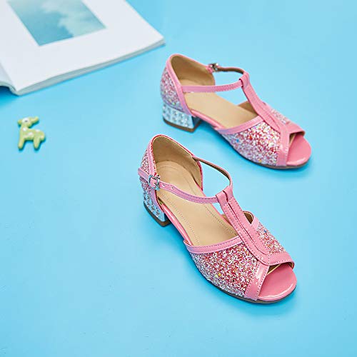 HIPPOSEUS Sandalias Lentejuelas Brillo Princesa Zapatos de Vestir de Verano con Correa en el Tobillo en Fiesta de Bodas, cumpleaños, Rendimiento para niñas, Rosa, EU 28