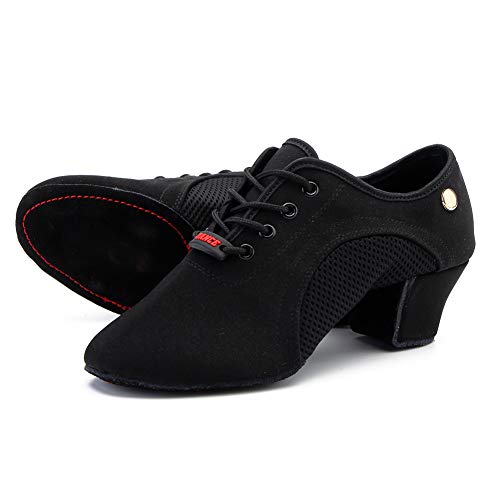 HIPPOSEUS Zapatillas de Baile Latino para Mujeres con Punta Cerrada Zapatos de Entrenamiento de salón de Baile Suela de Gamuza de tacón bajo,NJB701，Negro,EU 41