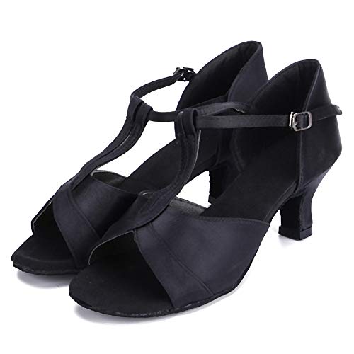 HIPPOSEUS Zapatos de Baile Latino con Correa en T para Mujer Zapatos de práctica de Baile de salón de satén,Negro,37.5 EU