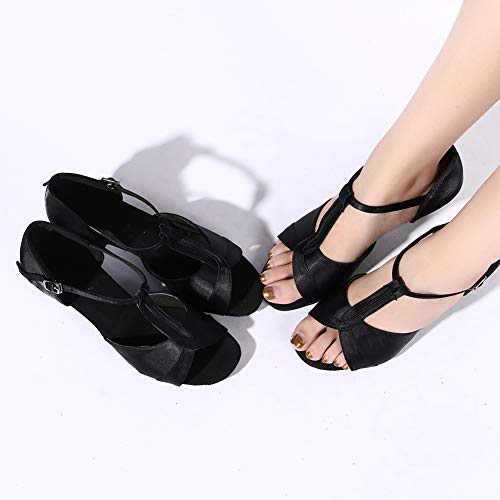 HIPPOSEUS Zapatos de Baile Latino con Correa en T para Mujer Zapatos de práctica de Baile de salón de satén,Negro,37.5 EU