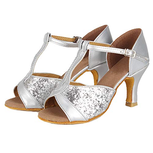 HIPPOSEUS Zapatos de Baile Latino con Correa en T para Mujer Zapatos de práctica de Baile de Salsa con Lentejuelas,Plateados,37.5 EU