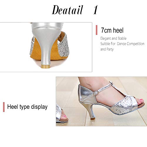 HIPPOSEUS Zapatos de Baile Latino con Correa en T para Mujer Zapatos de práctica de Baile de Salsa con Lentejuelas,Plateados,37.5 EU