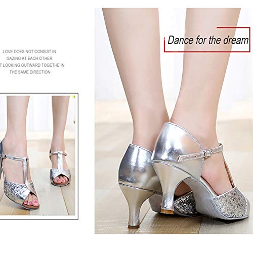 HIPPOSEUS Zapatos de Baile Latino con Correa en T para Mujer Zapatos de práctica de Baile de Salsa con Lentejuelas,Plateados,39 EU