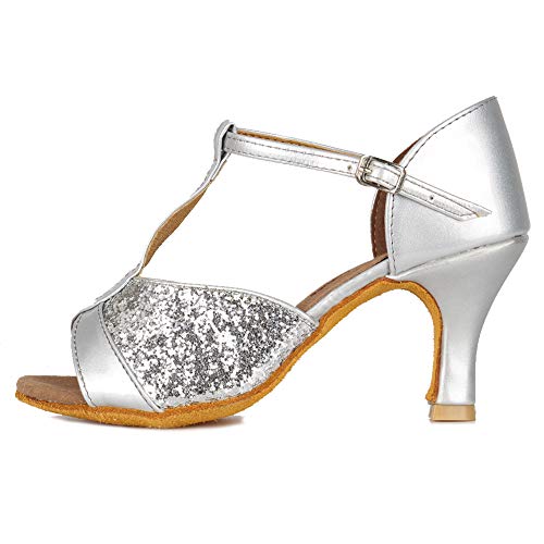 HIPPOSEUS Zapatos de Baile Latino con Correa en T para Mujer Zapatos de práctica de Baile de Salsa con Lentejuelas,Plateados,39 EU