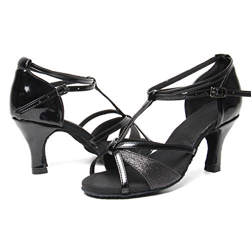 HIPPOSEUS Zapatos de Baile Latino para Mujeres Salsa Performance Dancing Shoes con Glitter Leather Modelo 255,Negro Color,EU 37