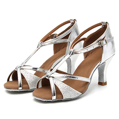 HIPPOSEUS Zapatos de Baile Latino para Mujeres Salsa Performance Dancing Shoes con Glitter Leather Modelo 255,Plateado Color,EU 37