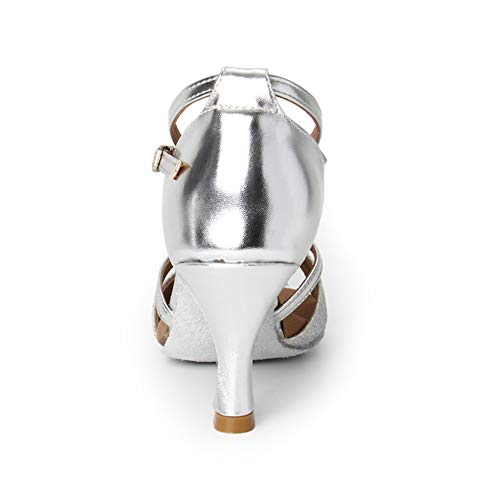 HIPPOSEUS Zapatos de Baile Latino para Mujeres Salsa Performance Dancing Shoes con Glitter Leather Modelo 255,Plateado Color,EU 37