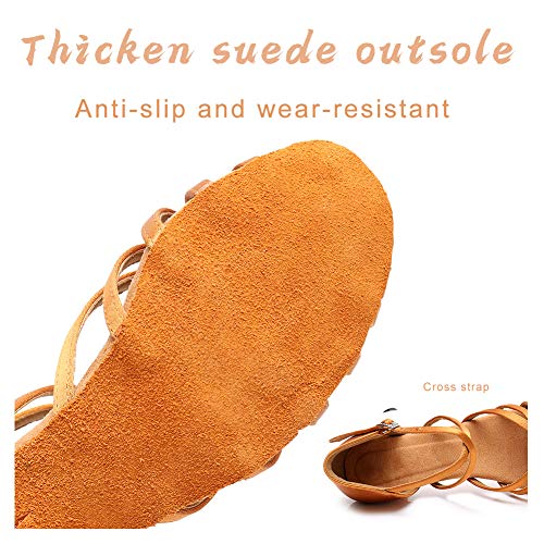 HIPPOSEUS Zapatos de Baile Latino para niñas de satén Zapatos de Baile de salón de Salsa de Tango de tacón bajo para Mujer,Marrón,35 EU