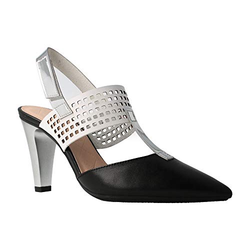 HISPANITAS HV 98936, Zapatos Destalonados, Puntera Cerrada, Color Negro, Blanco y Metal Plata, de tacón, para Mujer. - Cuero Talla: 38