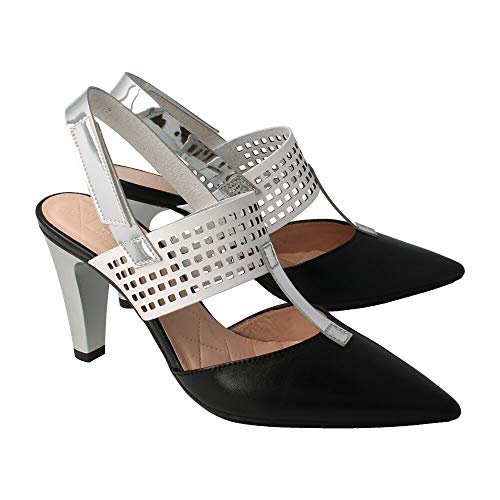 HISPANITAS HV 98936, Zapatos Destalonados, Puntera Cerrada, Color Negro, Blanco y Metal Plata, de tacón, para Mujer. - Cuero Talla: 38