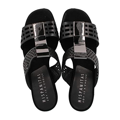 Hispanitas Pala Calada Negro tacón Plata Sandalia para Mujer, 40