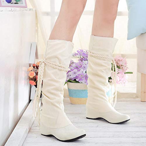 Holibanna Botas largas para Mujer Botas Vaqueras Laterales con Cordones Bajos a Media Rodilla Botas Altas con borlas para Adultos y niñas Beige 38